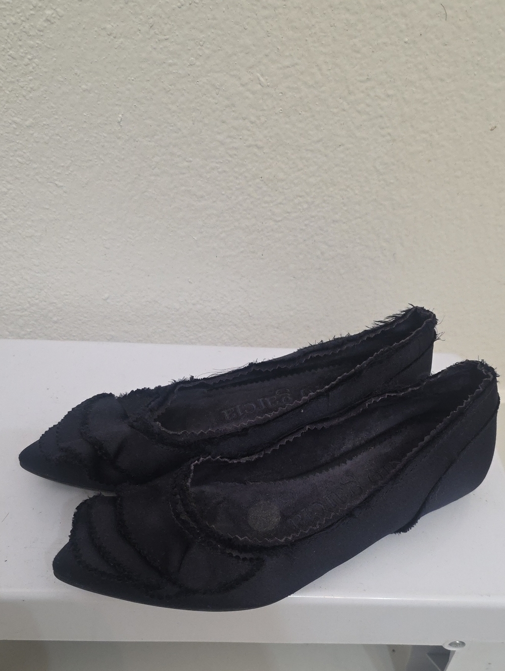 Pedro Garcia Black Pointed-Toe Satin Flats with Bow Detail